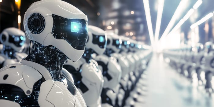 A line of sleek, identical robots standing in a high-tech facility, signifying advanced technology and artificial intelligence. The scene evokes a sense of futuristic innovation and mechanical precision.