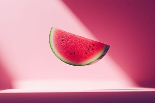 A vibrant watermelon slice appears to hover in mid-air against a hot pink background, creating a playful and fresh visual ideal for summer-themed projects.