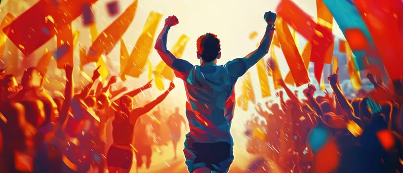 A vibrant scene of a marathon runner celebrating at the finish line surrounded by an enthusiastic crowd, colorful flags, and an atmosphere of achievement and joy.