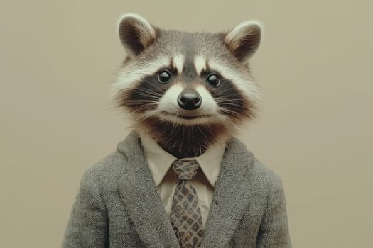 This whimsical studio shot features a raccoon dressed in a suit and tie, exuding charm and personality. A playful and unique portrait.