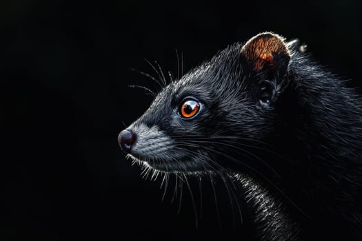 A close-up portrait of a curious ferret showcasing its piercing gaze and intricate fur details, captured under dramatic lighting against a dark background.