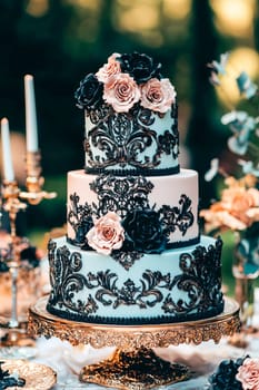 Big pastel gothic cake decorated with pink, blue, white and black elements.
