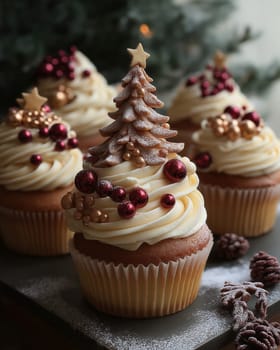 Festive muffin with Christmas tree on abstract background. Selective focus.