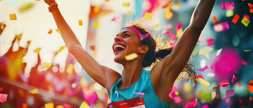 A joyful runner crosses the finish line, celebrating her victory amidst an explosion of colorful confetti. The vibrant scene captures the exhilaration of achievement in a fitness event.