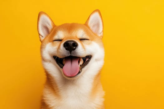 This vibrant image features a playful dog dabbing with its tongue out, set against a vivid yellow backdrop. The dog's cheerful expression radiates joy and fun.