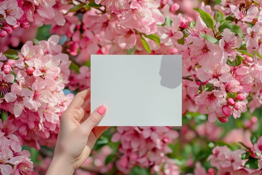 A woman holds a blank piece of paper surrounded by beautiful pink spring flowers. This serene scene captures the essence of nature and creativity. Perfect for greetings or announcements.