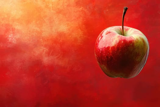 A surreal image of a floating red apple against a vibrant and bright background, creating a striking contrast that enhances its appeal and freshness.