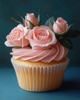 Muffin with pink roses on an abstract background. Selective focus.