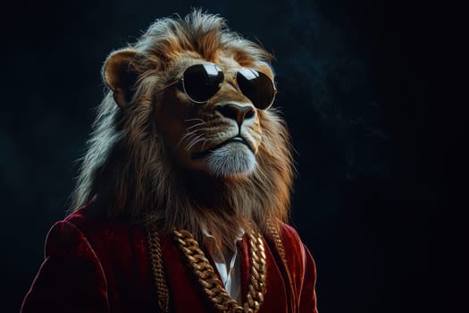 A majestic lion dressed in a luxurious velvet robe and gold accessories exudes confidence. With sunglasses and an artistic pose, it captures elegance and power.