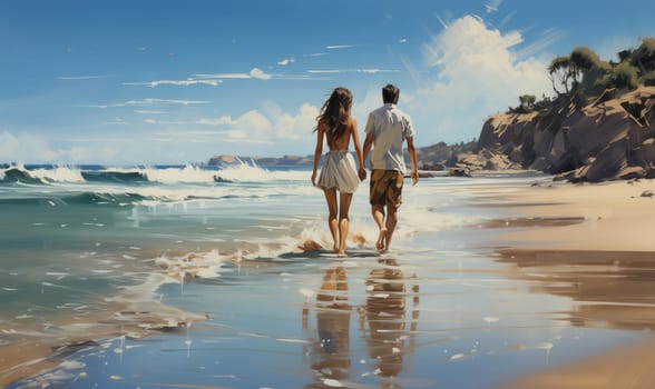 Picture man and woman walking along the seashore. Selective focus.