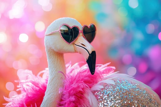 A playful flamingo adorned with a sparkling feather boa and heart-shaped sunglasses against a vibrant, colorful backdrop, perfect for fun and creative themes.