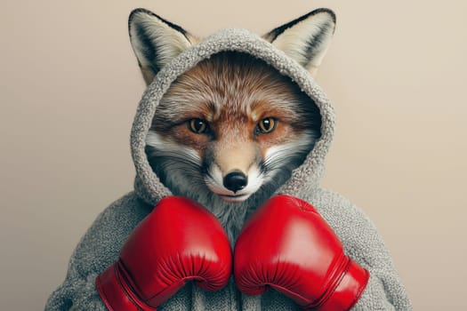 A captivating image of a red fox wearing a hooded sweatshirt and boxing gloves, blending humor and sport in a unique character portrayal. Perfect for creative projects.