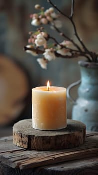 A flame flickers from a candle on a wooden table, casting a warm glow next to a vase of flowers. The candle holder illuminates the room in the darkness of the event