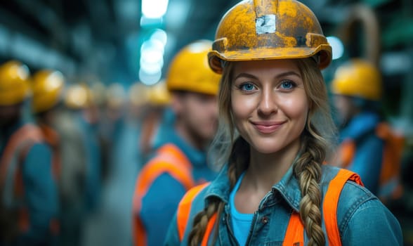 Woman in a hard hat on an abstract background. Selective focus.