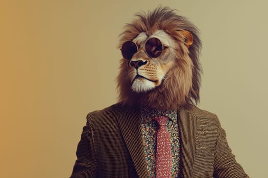 A charming lion dressed in a stylish tailored suit and sunglasses, blending whimsy with elegance. Perfect for artistic projects or fashion contexts.