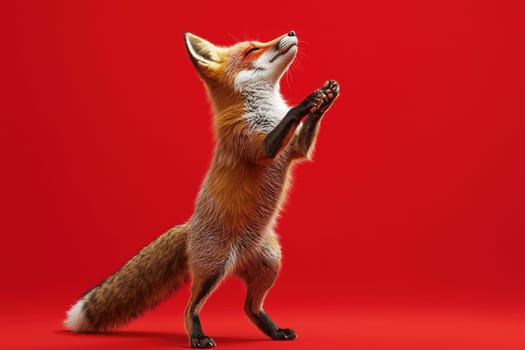 A stylish fox strikes a mid pose against a vibrant red background, exuding charm and playful energy. This captivating image captures the essence of wildlife.