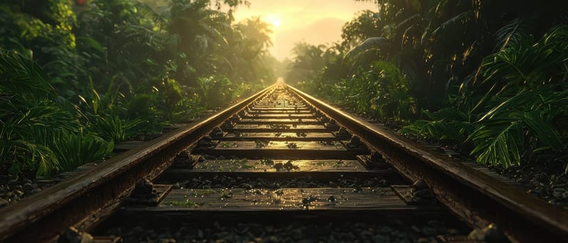 A cinematic view of two railway tracks converging into the distance, surrounded by lush greenery and illuminated by a stunning sunset, evoking serenity and adventure.