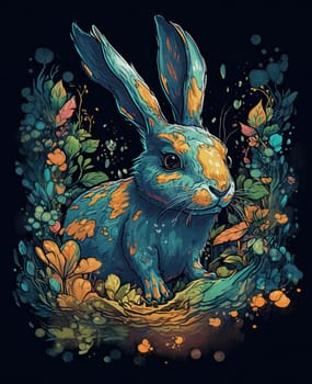 Illustration for children with hare on dark background. Selective focus.