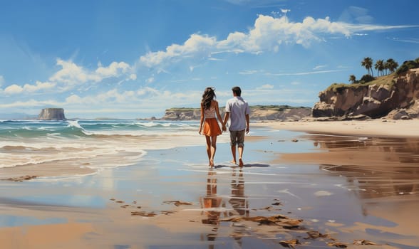Picture man and woman walking along the seashore. Selective focus.