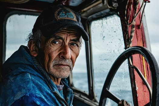 A man steers a boat under a cloudy sky, capturing a moment of contemplation. The intense expression hints at deep thoughts and connection to the sea.