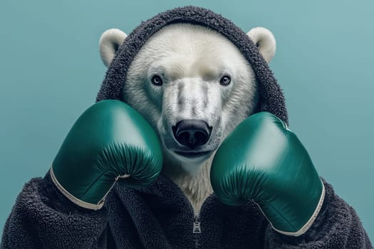 A playful polar bear in a cozy outfit and green boxing gloves showcases determination and strength. This unique image captures a fun twist on animal sports.