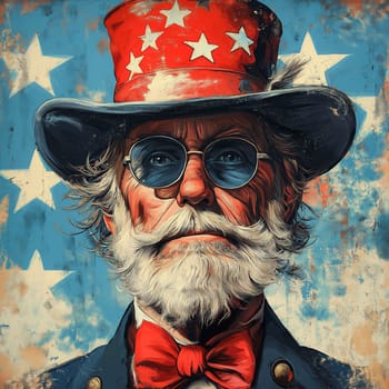 A vintage-style portrait of an elderly man with a beard, wearing a red hat with stars. The background features the American flag, symbolizing national pride and heritage.