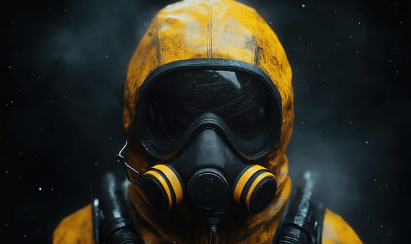 Man in protective suit and gas mask, safety concept. Selective focus.