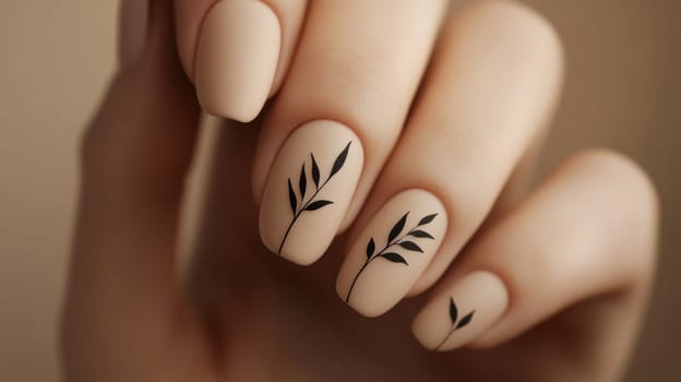 Delicate close-up shot showcasing a woman's hand adorned with elegant matte beige nail polish, featuring intricate black foliage designs. ideal for beauty, fashion, and minimalist lifestyle themes, sophistication and style.