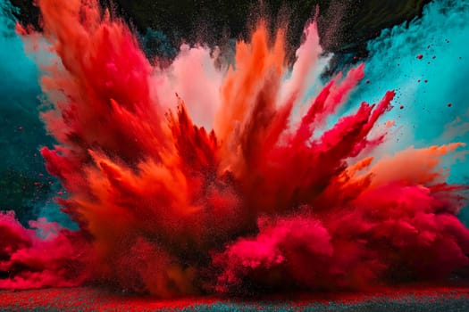 A stunning display of brilliant red and blue powder exploding, creating a vivid and energetic scene. Perfect for concepts like creativity, expression, or celebration, this artwork captivates with its dynamic beauty.
