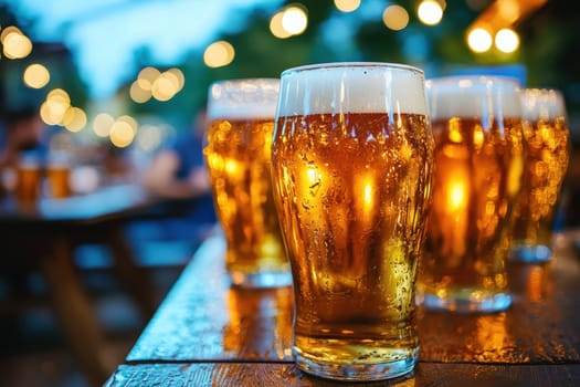 A captivating evening scene in a beer garden, filled with frosty glasses of beer, defocused warm lights, creating a festive and inviting atmosphere.