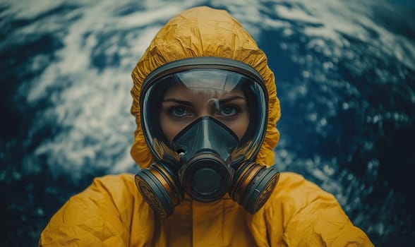 Man in protective suit and gas mask, safety concept. Selective focus.