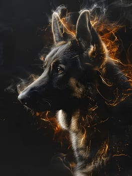 A German Shepherd, a carnivorous dog breed in the Canidae family, is enveloped by fire and smoke in the darkness, an intense event captured in a stunning painting of this terrestrial animals fur