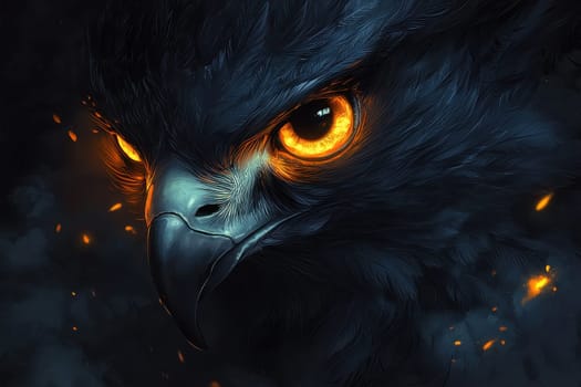 This striking close-up image captures an intense falcon, showcasing its golden glowing eyes and dramatic features. A captivating portrayal of avian beauty.