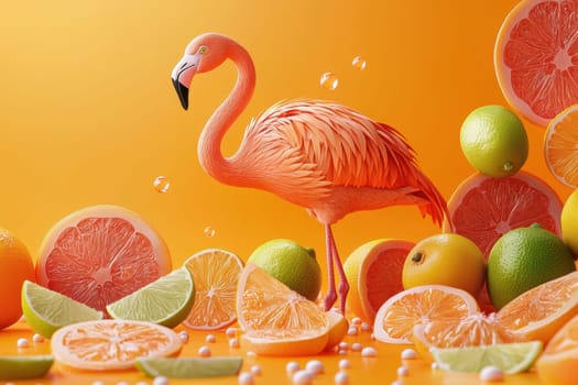 A graceful flamingo stands tall amidst a vibrant explosion of citrus fruits, creating a playful and colorful scene perfect for summer-themed designs.