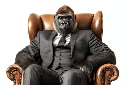 A striking image of a silverback gorilla dressed in a perfectly tailored suit, exuding confidence while seated in a stylish chair, blending humor with elegance.