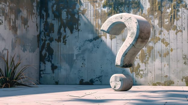 Concrete question mark sculpture in a worn urban environment. Artistic street detail.