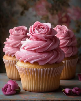 Muffin with pink roses on an abstract background. Selective focus.