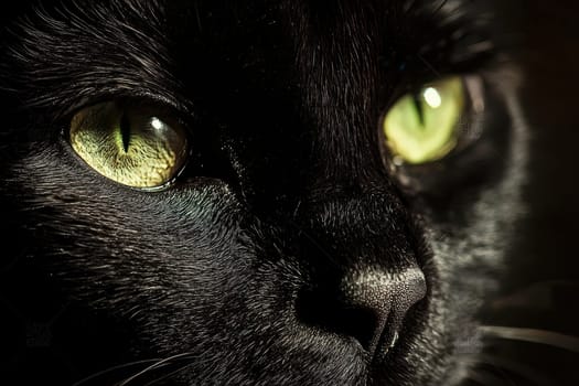 This close-up portrait captures the striking features of a black panther. Its vibrant green eyes convey intensity and elegance, showcasing nature's beauty.