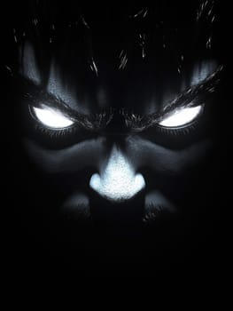 A dark, foreboding face with bright, glowing eyes set against a pitch-black background creates an atmosphere of mystery and intensity.