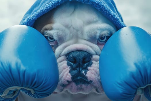 This dynamic close-up features a fierce bulldog sporting blue boxing gloves. The dog's determined expression captures strength and character, making it perfect for pet and sports themes.