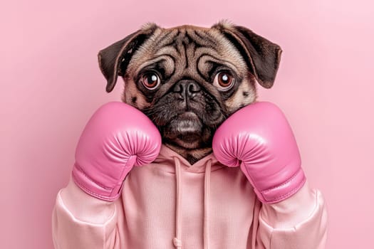 This goofy pug is dressed in pink boxing gloves, showcasing a humorous expression. Its charming look against a pink backdrop brings joy and playfulness.