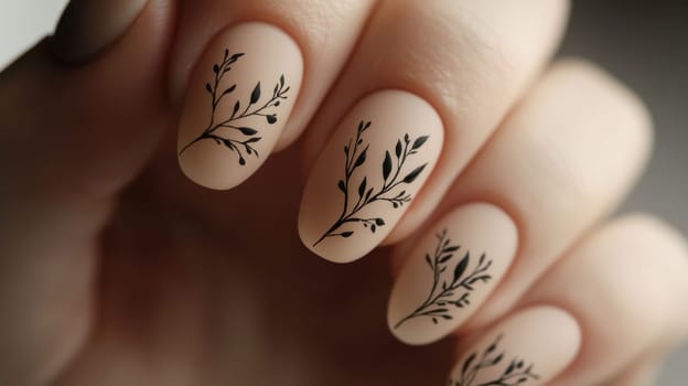 Matte beige nails accented with intricate black botanical designs offer a chic look. the close-up elegant simplicity and modernity of the nail art, suitable for fashion-forward styling or beauty references.