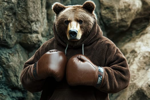 A powerful grizzly bear stands confidently in boxing gloves, showcasing a unique blend of strength and humor. This captivating wildlife portrait captures the essence of nature's might.
