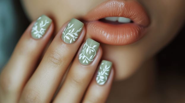 Close-up of a woman's hand showcasing intricate leaf-patterned nail art, inspired by nature. the design features soft green hues and a sophisticated motif, modern trends in beauty and personal expression.