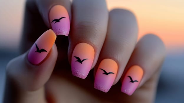 A peaceful close-up showcases a woman's fingers adorned with ombre sunset nails. the gradient transitions from warm orange to pink, accented by a silhouette of flying birds on each nail, epitomizing elegance and creativity.