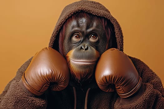 A playful orangutan wearing brown leather boxing gloves and a cozy hoodie, showcasing a wise expression. This unique image combines humor and charm in a vibrant setting.