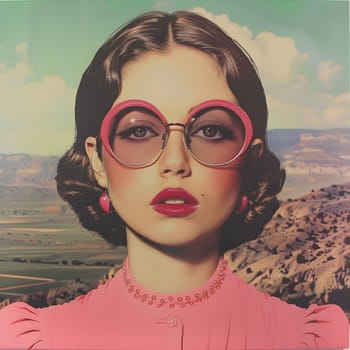 A lady with sunglasses perched on her forehead, wearing a pink top. The glasses frame her nose and cheek, while her lips and chin peek out. She seems to prioritize her vision care