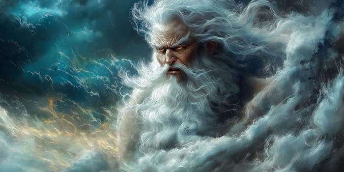 A powerful, mythical figure with a flowing beard emerges from swirling storm clouds. The dramatic scene evokes a sense of awe and wonder, portraying divine strength and ancient myth.
