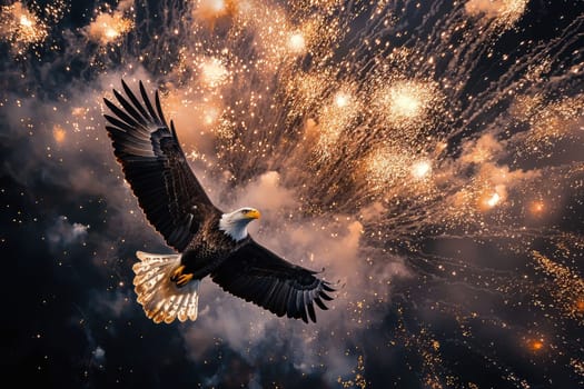 A majestic bald eagle soars powerfully over a dramatic backdrop filled with sparkling lights, capturing the essence of freedom and strength in nature.