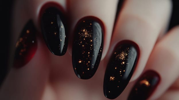 A close-up view of a woman's hand showcases nails painted in glossy black with shimmering gold glitter. the intricate design and luminous sheen create a mysterious, enchanting effect, ideal for beauty and fashion themes.
